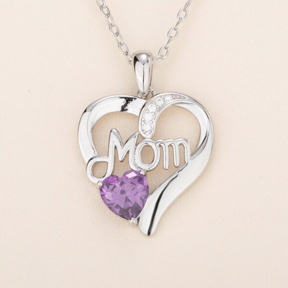 Mom Heart Pendant Necklace, Birthstone, Purple Crystal, February Birthstone - Picture 1 of 4